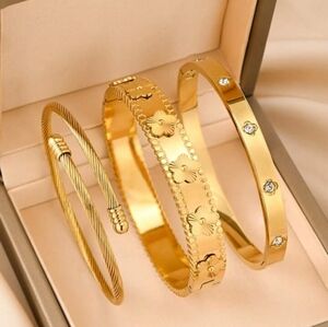 18K Yellow Gold Plated Tone Floral & Crystal Bangle Bracelet Set - Women Jewelry
